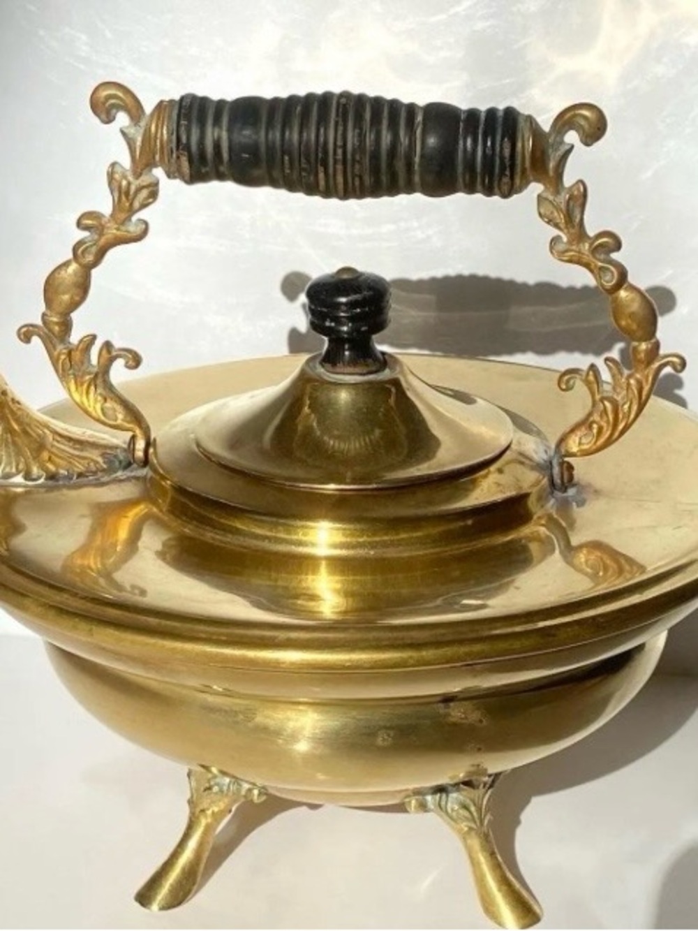Antique-Style Brass Covered Tea Pot with Ornate Handle